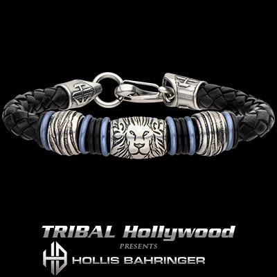 Hollis Bahringer Corium Lion Black Leather Steel Bracelet