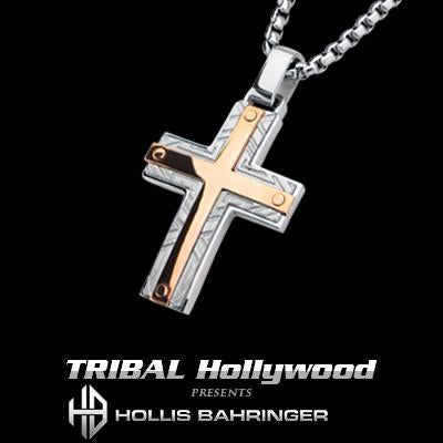 Hollis Bahringer Santa Fe Cross Mens Necklace Rose Steel