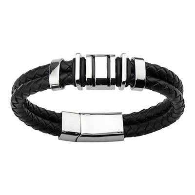 Mens Black Leather Bracelet CORSAIR with Stainless Steel