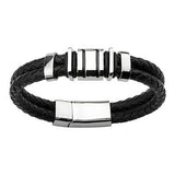 Mens Black Leather Bracelet CORSAIR with Stainless Steel Alt View