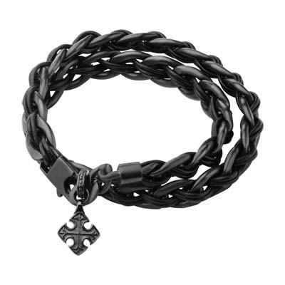 Pirate Cross Black Steel Leather Mens Double Wrap Bracelet