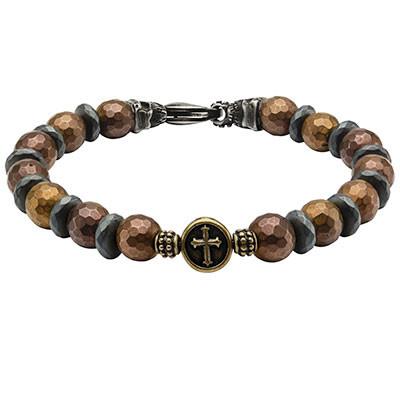 Rustic Cross Cappuccino Steel Black Skull Mens Bead Bracelet