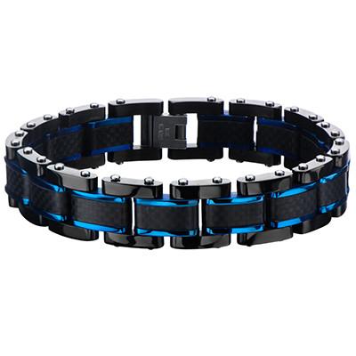 Black Leather Bracelet with Blue Stainless Steel Accents Large (9)