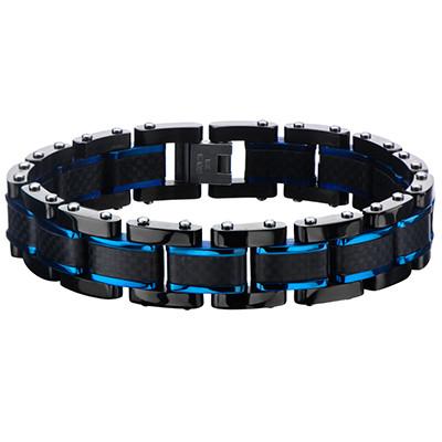 BLUE STRIPE Carbon Fiber Black Stainless Steel Mens Bracelet