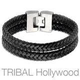 Woven Black Leather Double Layer Mens Bracelet THE WHIP