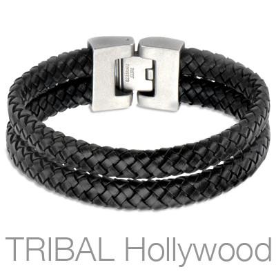 Woven Black Leather Double Layer Mens Bracelet THE WHIP