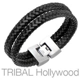 Woven Black Leather Double Layer Mens Bracelet THE WHIP Side View