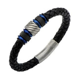 Black Leather Mens Bracelet LAGUNA with Blue Steel