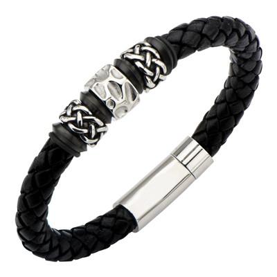 Men's Black Leather and Steel Braided Bracelet 