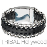 Mens Bracelet CUBAN BLACK Leather and Steel Curb Link Thick Bracelet