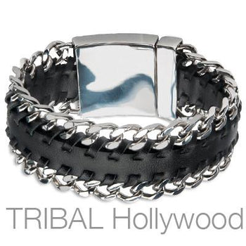 Mens Bracelet CUBAN BLACK Leather and Steel Curb Link Thick Bracelet