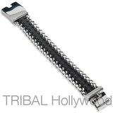 Mens Bracelet CUBAN BLACK Leather and Steel Curb Link Thick Bracelet