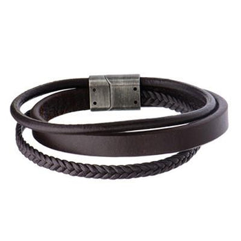 Mens Silver Collared Barrel Beaded Double Wrap Bracelet on Black Leather  with Charms