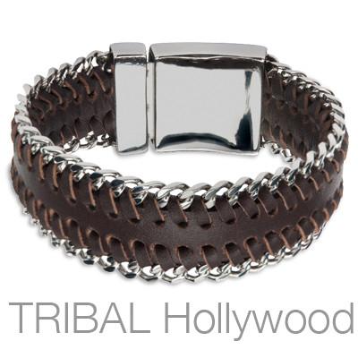 CUBAN BROWN Bracelet for Men Stitched Leather and Steel Curb Link