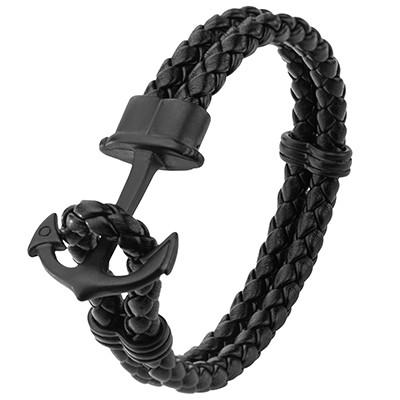 Ahoy Anchor Black Steel Mens Double-Strap Leather Bracelet 