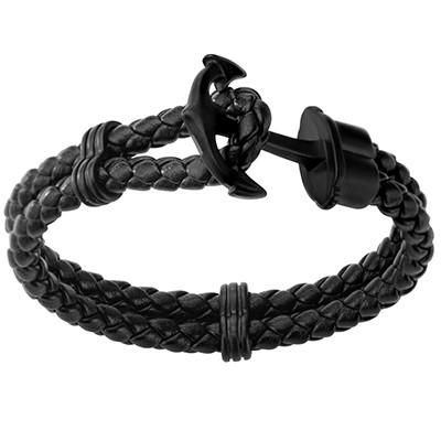 Ahoy Anchor Black Steel Mens Double-Strap Leather Bracelet