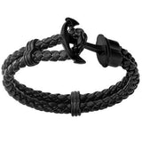 Ahoy Anchor Black Steel Mens Double-Strap Leather Bracelet Alt View