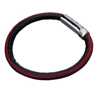 Black Leather Mens Bracelet RED BARON with Red Stitching