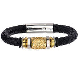 Gold Rush - Gold IP Steel Barrel Bead Black Leather Bracelet