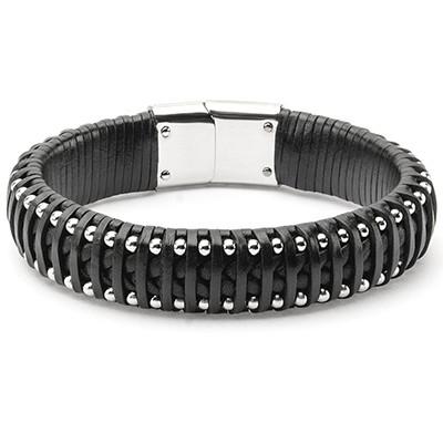Strapped In Mens Black Leather Bracelet with Steel Rivets
