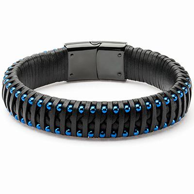 Strapped In Blue Steel Beads Mens Black Leather Bracelet