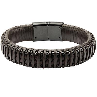 Strapped In Black Steel Rivets Mens Brown Leather Bracelet