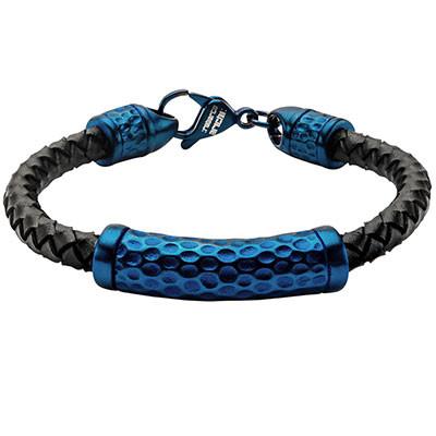 Impress Blue Textured Steel Braided Mens Black Leather Bracelet