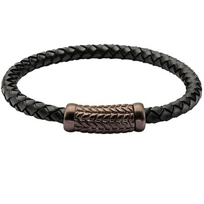 The Angles Cappuccino Grooved Steel Black Leather Bracelet