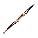 Fresco Rose Gold Steel Black Leather Modern Mens ID Bracelet Flat View