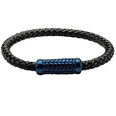 The Angles Blue Grooved Steel Mens Black Leather Bracelet