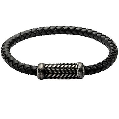 The Angles Grooved Steel Mens Black Leather Bracelet