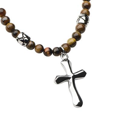 Twisted Cross Mens Tiger Eye Bead Necklace