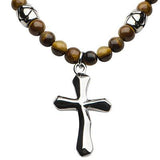 Twisted Cross Mens Tiger Eye Bead Necklace Front View