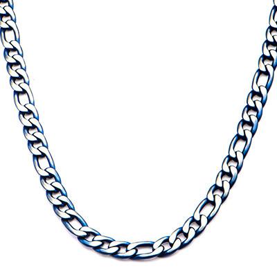 Blue Tint Natural and Blue Steel Mens Figaro Link Necklace