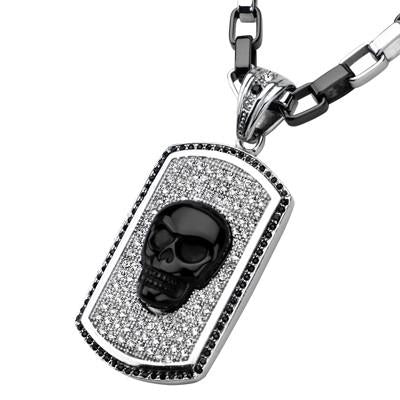 Black Onyx BLING SKULL Mens Necklace on Crystal Dog Tag