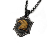 Tiger Eye Eagle Black Steel CZ Stone Mens Shield Necklace