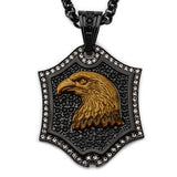 Tiger Eye Eagle Black Steel CZ Stone Mens Shield Necklace Front View