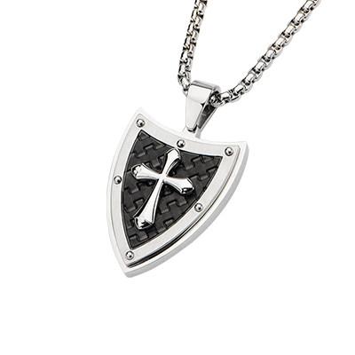 Passion Cross Shield Black IP Steel Mens Cross Necklace