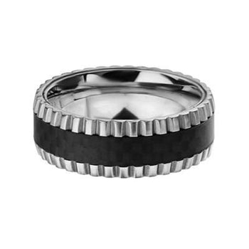 Gear Teeth Black Carbon Fiber Stainless Steel Mens Ring 