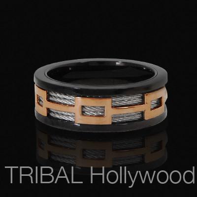 Mens Ring FERRY Steel Cable Ring in Black and Rose Gold Steel | Tribal Hollywood