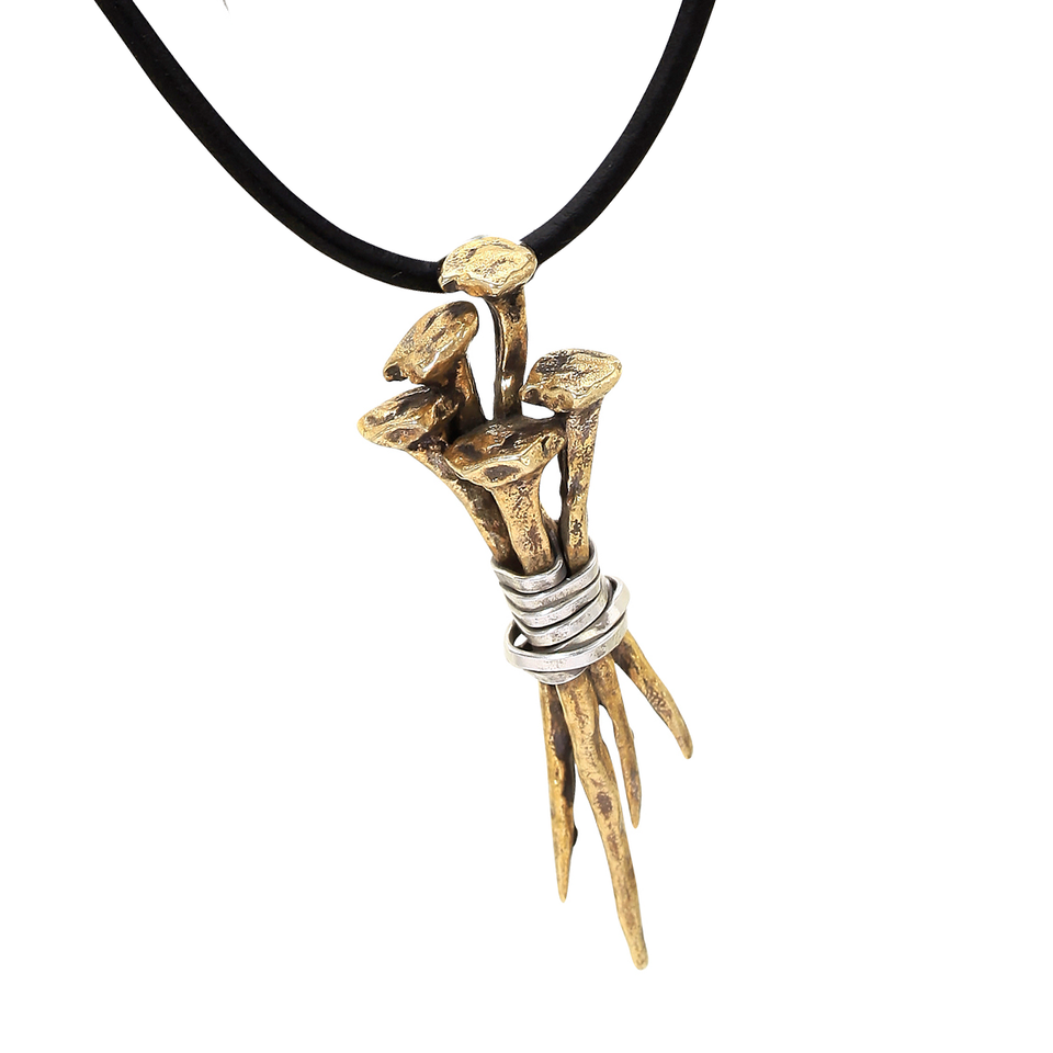 John Varvatos BRASS NAILS with Silver Mens Black Leather Necklace