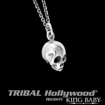 Mens Necklace Micro Skull Thin Width In Sterling Silver