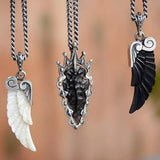 Mens Silver Necklaces Black Jet and White Ivory Wing and Arrowhead Pendant Necklaces