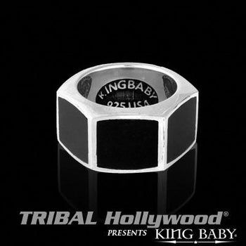 Hexagon Silver Mens Ring with Jet Stone by King Baby