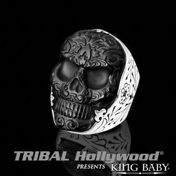 JET BAROQUE SKULL RING Black and Silver King Baby Mens Ring