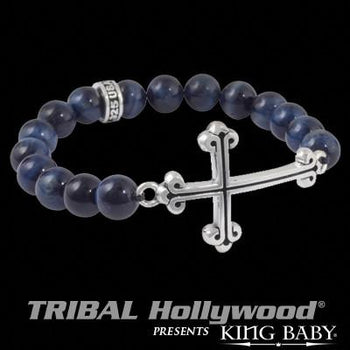 Traditional Cross Dark Blue Tigers Eye Bead Bracelet