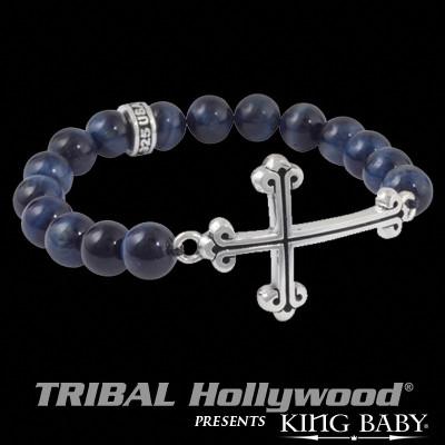 Traditional Cross Dark Blue Tigers Eye Bead Bracelet