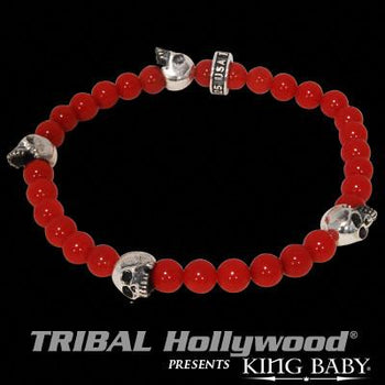 Beaded Skull Bracelet for Men in Silver and Red Coral