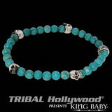 Beaded Skull Bracelet for Men in Silver and Turquoise