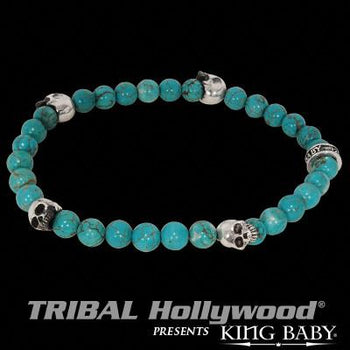 Beaded Skull Bracelet for Men in Silver and Turquoise